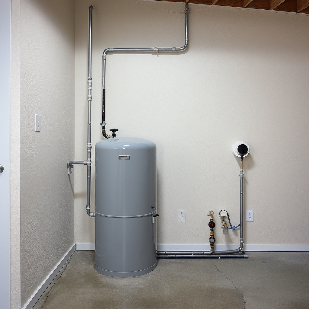 A simple water softener installation in a garage.